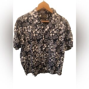 Aloha CO. Hawaii Navy White Floral Shirt Size L Short Sleeve Coconut Buttons